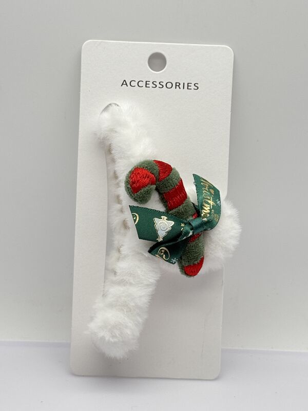 Children's Christmas Furry Touch Hair Claw Clip with Candy Cane in Various Styles